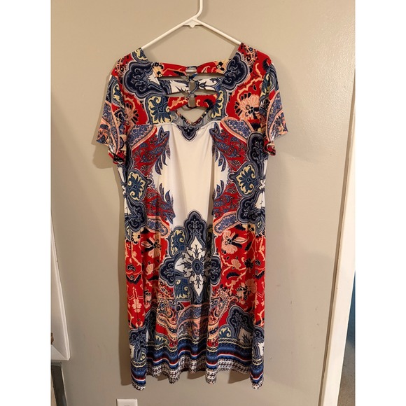 JOHN PAUL RICHARD Womens XL Paisley Lattice Back Short Sleeve Dress Red Blue - Picture 6 of 6
